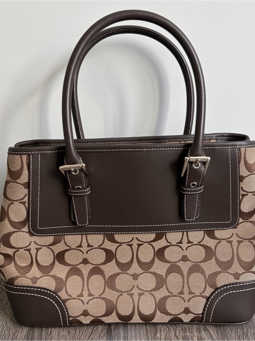 Vintage Small Coach Brown Signature Canvas Carryall with Dark Leather Trim